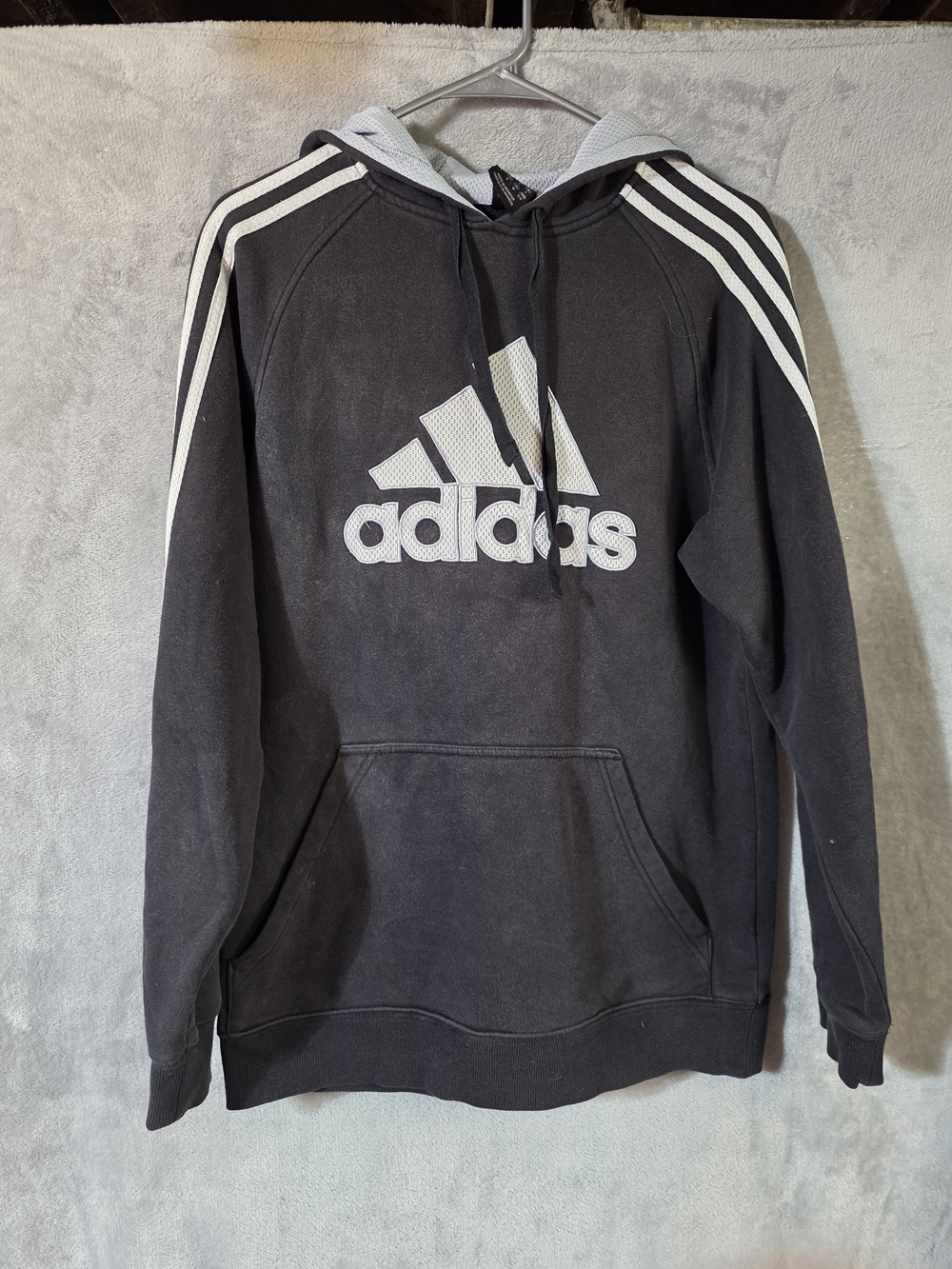 Adidas Mens Pullover Hoodie Black White Cloth Logo 3-Stripe Grey Mesh Hood"